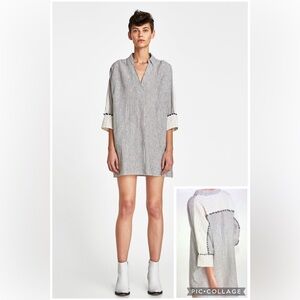 (B2) Zara Striped Cream Black Pom Pom Back Tunic Shift Casual Chic Mini Dress XS